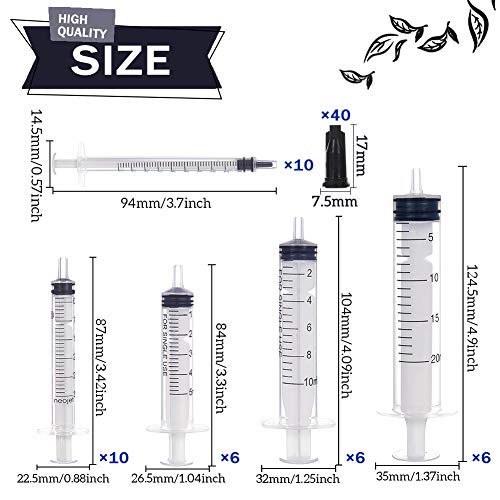 FINGERINSPIRE 38 Piezas de jeringa de plástico Luer Lock sin Aguja y 40 Tapas, jeringas 5 tamaños Mixtos (1 ml, 3 ml, 5 ml, 10 ml, 20 m) Adecuado para dispensar Pegamento, regar, Rellenar