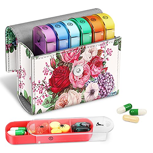 FINPAC Pastillero Semanal 4 Tomas 7 Días, 28 Compartimentos Organizador Medicamentos con Estuche de Cuero PU y Nombre de Tarjeta, Vitamina Caja de Almacenamiento para Viaje, Flower Festival