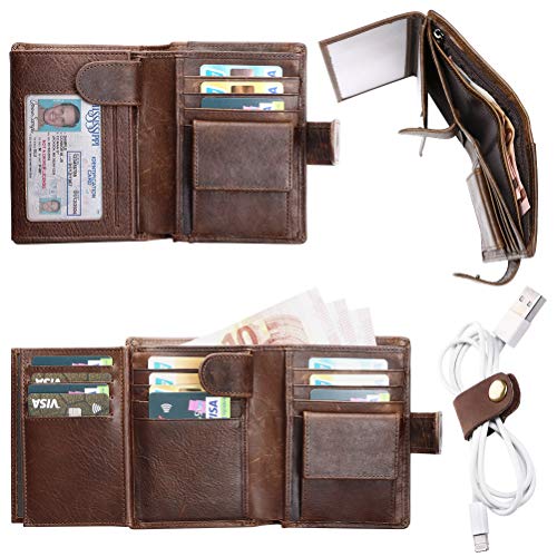 flintronic® Billetera de Cuero Genuino, Billetera Bifold Hombres, Monedero de Bloqueo RFID, Titular de la Tarjeta de Crédito con Coin Pocket | 14 Ranuras para Tarjetas(Incluye Organizador de Cable)