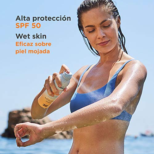 Fotoprotector ISDIN Transparent Wet Skin SPF 50 - Protector solar Corporal, Spray transparente, Eficaz sobre piel mojada, Ginger Cell Protect, 250 ml