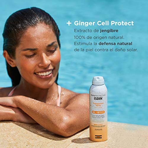 Fotoprotector ISDIN Transparent Wet Skin SPF 50 - Protector solar Corporal, Spray transparente, Eficaz sobre piel mojada, Ginger Cell Protect, 250 ml