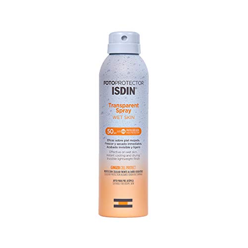 Fotoprotector ISDIN Transparent Wet Skin SPF 50 - Protector solar Corporal, Spray transparente, Eficaz sobre piel mojada, Ginger Cell Protect, 250 ml