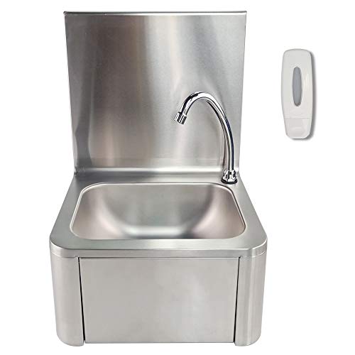 Fregadero lavamanos de acero inoxidable con mando de rodillas y dispensador de jabón Lavabo para lavado higiénico de manos 40x32x57cm