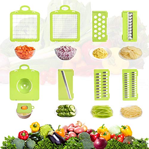 FUKTSYSM Cortador de Verdura Mandolina - 12 en 1 Rebanador de Verdura Cortador de Verdura Mandolina de Verduras, Cocina Slicer Rallador de Cuchillas Acero Inoxidable, Pelador, Protector de Manos