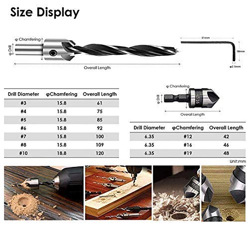 FYYONG DIY 10-Pack Avellanadora Broca Conjunto con 1 Llave Allen, 7 piezas Avellane Brocas Compatible with madera, 3 piezas de vástago hexagonal de madera Avellane bits carpintería Carpintería Escaria