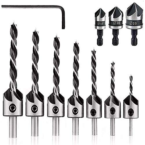 FYYONG DIY 10-Pack Avellanadora Broca Conjunto con 1 Llave Allen, 7 piezas Avellane Brocas Compatible with madera, 3 piezas de vástago hexagonal de madera Avellane bits carpintería Carpintería Escaria