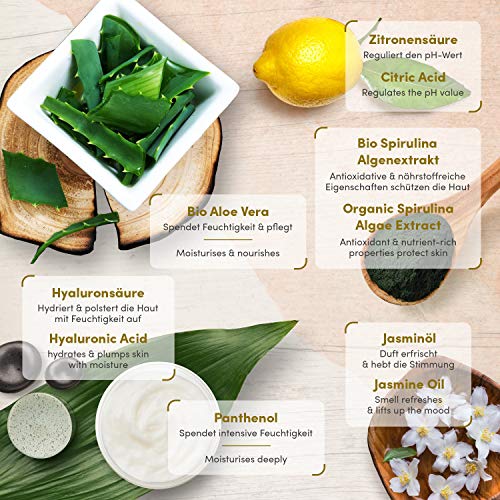 Gel de Aloe Vera ORGÁNICO 100% - Vegano de Alta Calidad - Cosméticos de Satin Naturel - Ácido Hialurónico, Espirulina, Jazmín - After Sun Refrescante Antiinflamatorio - Envasado en vidrio violeta