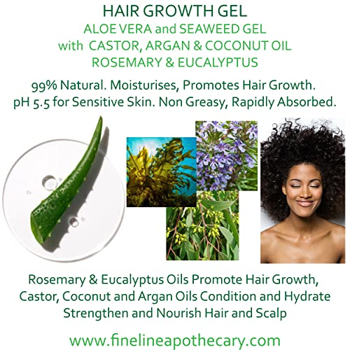 GEL DE ALOE VERA Para el CRECIMIENTO DEL CABELLO - con ACEITE DE RICINO, ARGÁN, COCO y ROSMARINO & EUCALIPTO - 100 ml - de Fine Line Apothecary. Fácil de aplicar, no gotea y no es grasoso.
