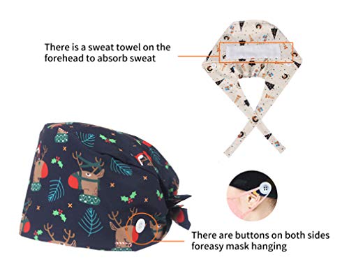 GEMVIE-4 Piezas Gorro de Trabajo Gorro de Enfermera Gorro Quirúrgico Hebilla Colgante con Máscara Impresión de Elementos Navideños Gorro Quirofano Robin Hat Turbante