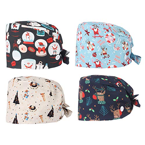 GEMVIE-4 Piezas Gorro de Trabajo Gorro de Enfermera Gorro Quirúrgico Hebilla Colgante con Máscara Impresión de Elementos Navideños Gorro Quirofano Robin Hat Turbante