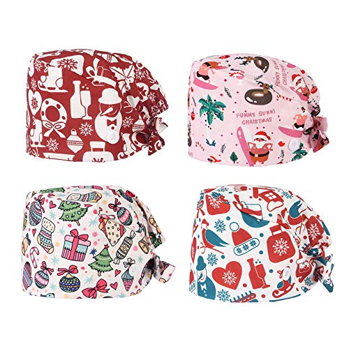 GEMVIE-4 Piezas Gorro de Trabajo Gorro de Enfermera Gorro Quirúrgico Robin Hat Turbante Impresión de Elementos Navideños Gorro Quirofano Gorro de Unisexo Adultos Animales