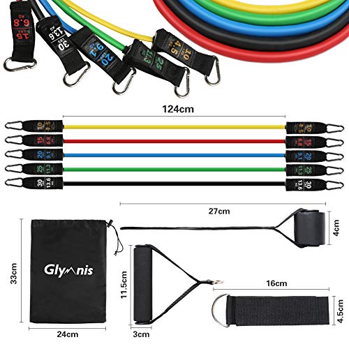Glymnis Bandas Elásticas Musculación Fitness Set de Bandas de Resistencia 12 PCS con 5 Tubos de Látex Manijas Correas para Tobillos Ancla de Puerta Bolsa para Terapia Física Yoga Gimnasio