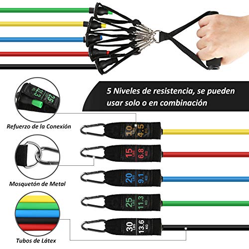 Glymnis Bandas Elásticas Musculación Fitness Set de Bandas de Resistencia 12 PCS con 5 Tubos de Látex Manijas Correas para Tobillos Ancla de Puerta Bolsa para Terapia Física Yoga Gimnasio