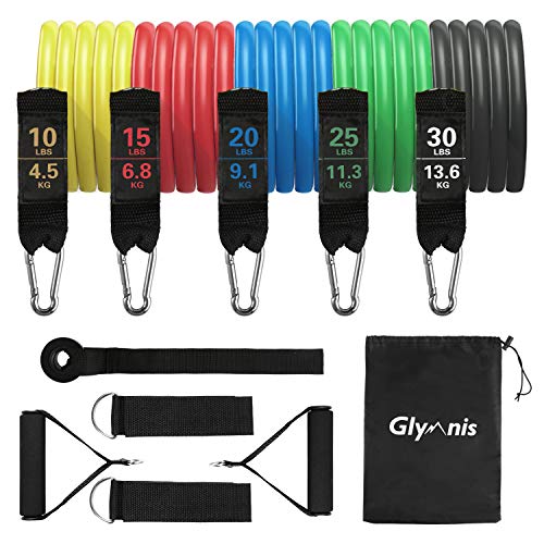 Glymnis Bandas Elásticas Musculación Fitness Set de Bandas de Resistencia 12 PCS con 5 Tubos de Látex Manijas Correas para Tobillos Ancla de Puerta Bolsa para Terapia Física Yoga Gimnasio