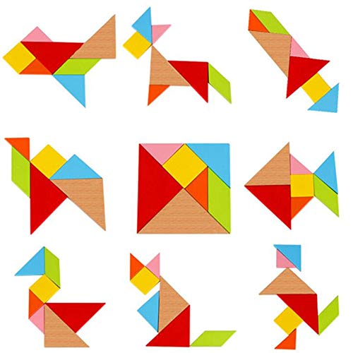 Gobus 7 Piezas Colorido Rompecabezas de Madera Tangram Rompecabezas Entrenamiento Cerebral Juguete Educativo para niños pequeños + un pequeño Llavero como Regalo