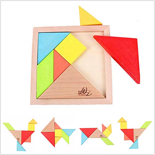Gobus 7 Piezas Colorido Rompecabezas de Madera Tangram Rompecabezas Entrenamiento Cerebral Juguete Educativo para niños pequeños + un pequeño Llavero como Regalo