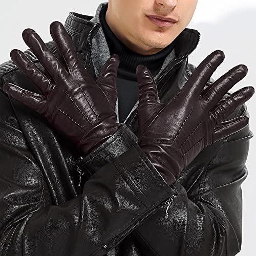 Guantes de cuero genuino para hombres, invierno cálido cachemira forro táctil guantes de mensajes de texto conducción guantes de motocicleta, marrón, M