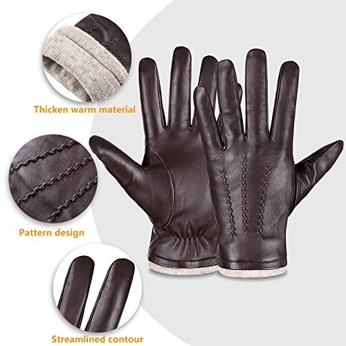 Guantes de cuero genuino para hombres, invierno cálido cachemira forro táctil guantes de mensajes de texto conducción guantes de motocicleta, marrón, M