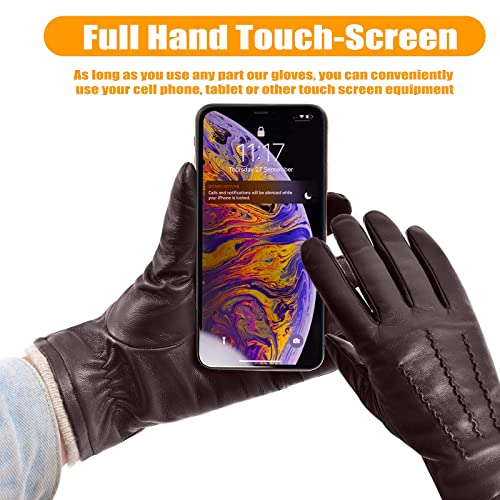 Guantes de cuero genuino para hombres, invierno cálido cachemira forro táctil guantes de mensajes de texto conducción guantes de motocicleta, marrón, M