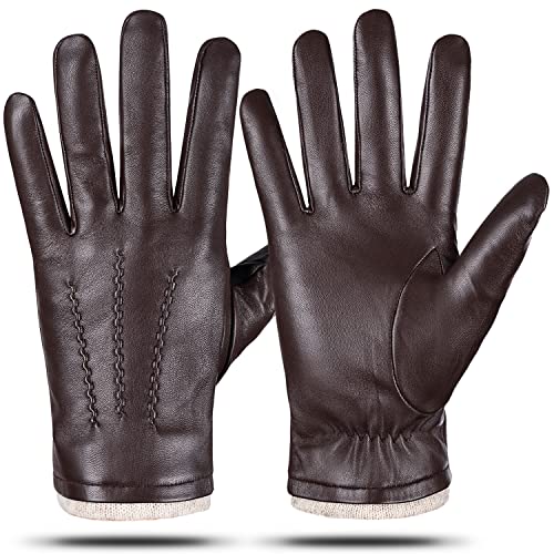 Guantes de cuero genuino para hombres, invierno cálido cachemira forro táctil guantes de mensajes de texto conducción guantes de motocicleta, marrón, M