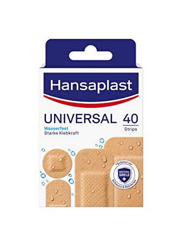 Hansaplast Tiritas universales (40 tiras), resistentes a la suciedad y al agua, juego de tiritas con fuerte fuerza adhesiva & Bacteria Shield