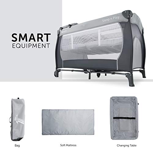Hauck Cuna de Viaje Sleep N Play Center, de Nacimiento hasta 15 kg, 120 x 60 cm, Doble Altura, Cambiador, Ruedas, Entrada Lateral, Plegable, Bolsa de Transporte, Gris