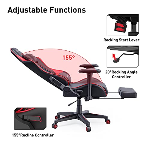 Hbada Silla de Juego Silla de Escritorio Silla de Oficina Silla ejecutiva Silla giratoria ergonómica Silla para computadora Cuero sintético con reposapiés con reposacabezas(Rojo-1)