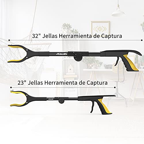 Herramienta de Captura Plegable, Jellas Alcanzador Plegable de 59 cm, con Cabezal Giratorio de 90 °, Punta Magnética de Agarre Fuerte y Calzador, Herramienta de Asistencia, Recoger Basura (Amarillo)