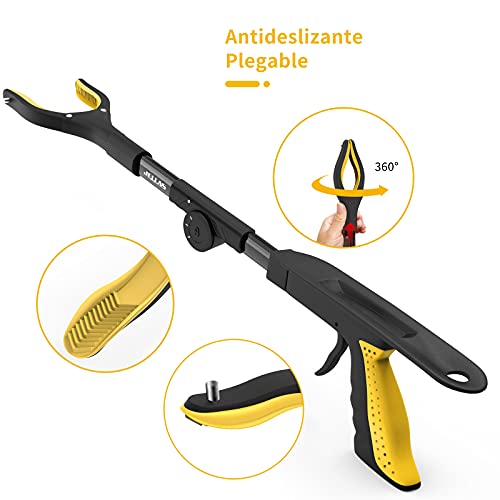 Herramienta de Captura Plegable, Jellas Alcanzador Plegable de 59 cm, con Cabezal Giratorio de 90 °, Punta Magnética de Agarre Fuerte y Calzador, Herramienta de Asistencia, Recoger Basura (Amarillo)
