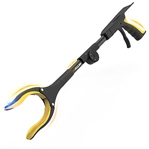 Herramienta de Captura Plegable, Jellas Alcanzador Plegable de 59 cm, con Cabezal Giratorio de 90 °, Punta Magnética de Agarre Fuerte y Calzador, Herramienta de Asistencia, Recoger Basura (Amarillo)