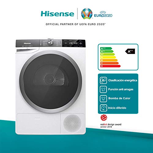 Hisense DHGS90M - Secadora con Bomba de Calor, Tratamiento con Vapor, Carga Frontal, 9 Kg , Motor Eficiente Inverter, Aire Ionizado, Iluminación en el Tambor, Display Led, Blanco