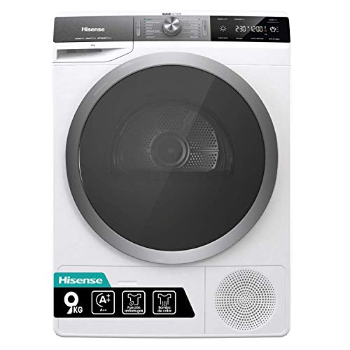 Hisense DHGS90M - Secadora con Bomba de Calor, Tratamiento con Vapor, Carga Frontal, 9 Kg , Motor Eficiente Inverter, Aire Ionizado, Iluminación en el Tambor, Display Led, Blanco