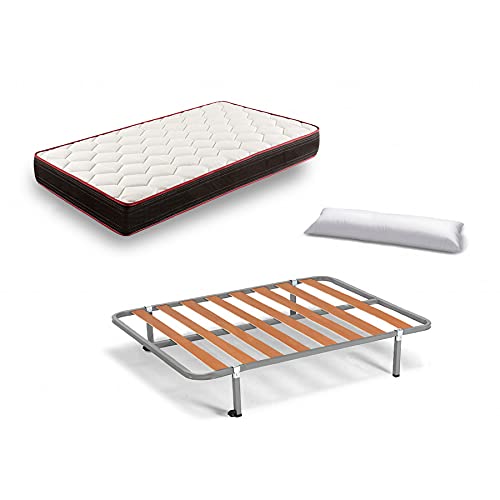 HOGAR24 Colchón viscoelástico Reversible Memory Fresh 3D + Somier con Patas de 26cm+ Ruedas + Almohada de Fibre resinada hipoalergénica 105x190cm