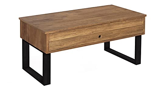 HOGAR24 ES Vanir - Mesa de Centro Elevable Cajón Deslizante, Diseño Industrial-Vintage, Madera Maciza Natural y Patas Color Negro. Medidas: 100x50x47 cm