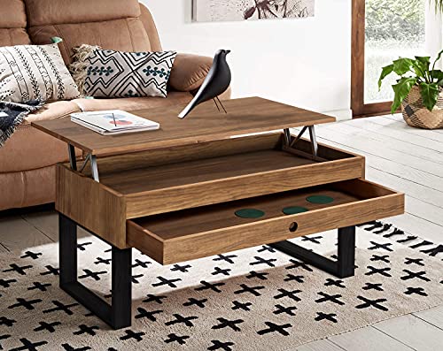 HOGAR24 ES Vanir - Mesa de Centro Elevable Cajón Deslizante, Diseño Industrial-Vintage, Madera Maciza Natural y Patas Color Negro. Medidas: 100x50x47 cm