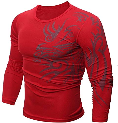 Hombre Imprimió La Camisa del Músculo De Color Sólido Camiseta Cuello Cómodo Redondo Tops Tops Básico Adelgazan La Camiseta De Manga Larga Floja Ocasional (Color : Rot, One Size : M)
