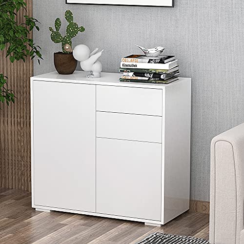 HOMCOM Aparador Auxiliar con 2 Puertas 2 Cajones y Estante Ajustable Apertura a Presión Mueble Organizador de Almacenaje para Dormitorio Salón 79x36x74 cm Blanco