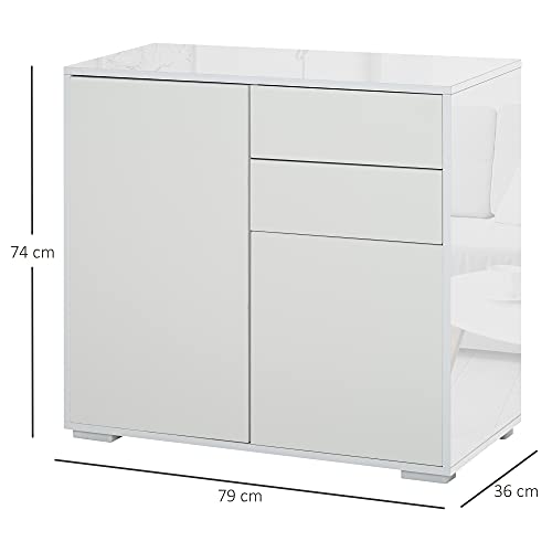HOMCOM Aparador Auxiliar con 2 Puertas 2 Cajones y Estante Ajustable Apertura a Presión Mueble Organizador de Almacenaje para Dormitorio Salón 79x36x74 cm Blanco