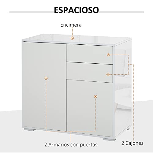 HOMCOM Aparador Auxiliar con 2 Puertas 2 Cajones y Estante Ajustable Apertura a Presión Mueble Organizador de Almacenaje para Dormitorio Salón 79x36x74 cm Blanco