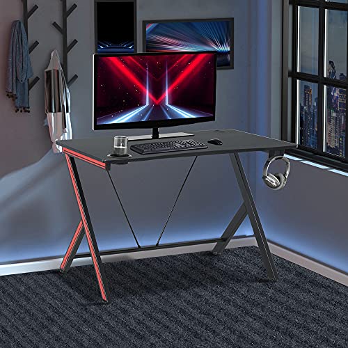 HOMCOM Mesa Gaming Escritorio Ergonómico para Ordenador con Portavasos Gancho para Auriculares y Pasacables Efecto Fibra de Carbono 120x60x75 cm Negro
