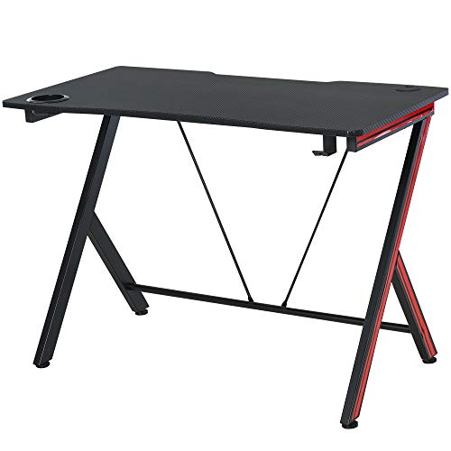 HOMCOM Mesa Gaming Escritorio Ergonómico para Ordenador con Portavasos Gancho para Auriculares y Pasacables Efecto Fibra de Carbono 120x60x75 cm Negro