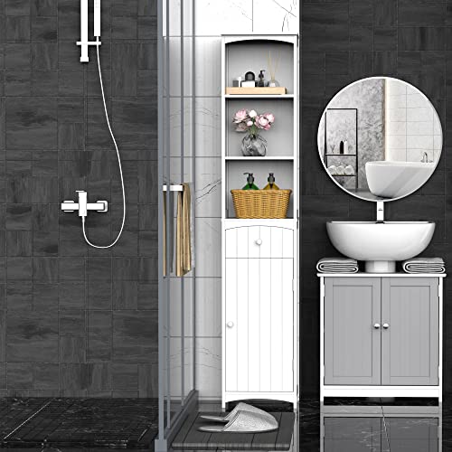HOMCOM Mueble Armario Columna Multiusos Blanco para Cuarto de Baño con Estanterías 34x24x170cm 3 Estantes 1 Puerta y 1 Cajón