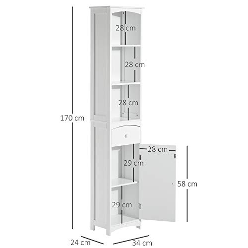 HOMCOM Mueble Armario Columna Multiusos Blanco para Cuarto de Baño con Estanterías 34x24x170cm 3 Estantes 1 Puerta y 1 Cajón