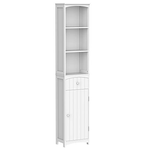 HOMCOM Mueble Armario Columna Multiusos Blanco para Cuarto de Baño con Estanterías 34x24x170cm 3 Estantes 1 Puerta y 1 Cajón
