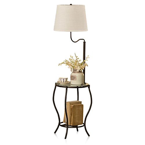 Home mall- Moderna lámpara de pie negra con mesa de centro Lámpara estándar de hierro con pantalla de tela y vidrio Escritorio 139X48cm
