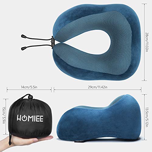 HOMIEE Almohada de Viaje Viscoelástica de Espuma, Almohada de Memoria, Almohada ortopédica Cervical para Avión Tren Coche Viajando con máscara de Ojos y Tapones para los oídos