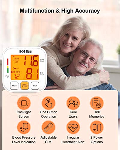 HOMIEE Tensiómetro de Brazo Digital, Monitor de Presión Arterial con Pantalla 3.5'' LED retroiluminada, Deteccion de Irregular Arritmia, Brazalete 22-42cm, 2x90 Memoria,Tamaño Ligero Portátil