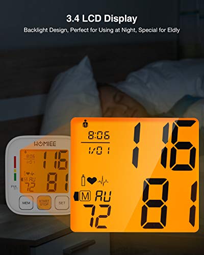 HOMIEE Tensiómetro de Brazo Digital, Monitor de Presión Arterial con Pantalla 3.5'' LED retroiluminada, Deteccion de Irregular Arritmia, Brazalete 22-42cm, 2x90 Memoria,Tamaño Ligero Portátil