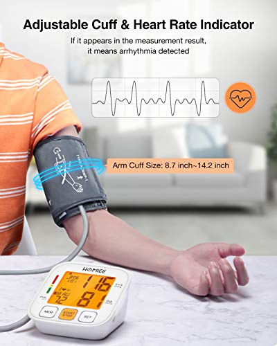 HOMIEE Tensiómetro de Brazo Digital, Monitor de Presión Arterial con Pantalla 3.5'' LED retroiluminada, Deteccion de Irregular Arritmia, Brazalete 22-42cm, 2x90 Memoria,Tamaño Ligero Portátil