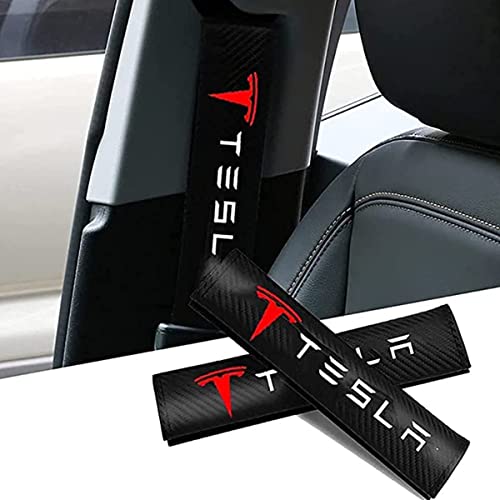 HUAQIEMI Hombreras para cinturón de Seguridad de Coche para Tesla Model 3, hombreras con Correa de arnés de Seguridad de Fibra de Carbono, protección para Hombros, 2 Piezas